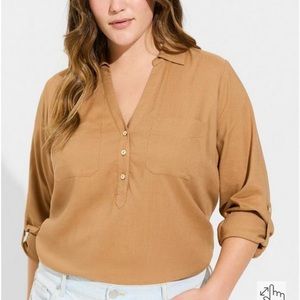 Torrid Linen Blend Pocket Henley Long Sleeve Popover Top Brown Plus Size 2 2X